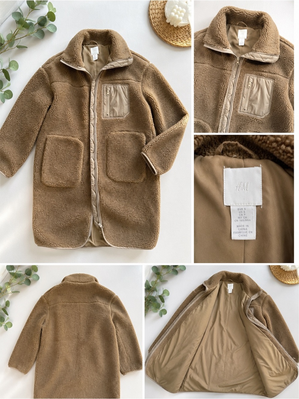 H&M Women’s Tan Teddy Puffer Coat with Chest Pocket